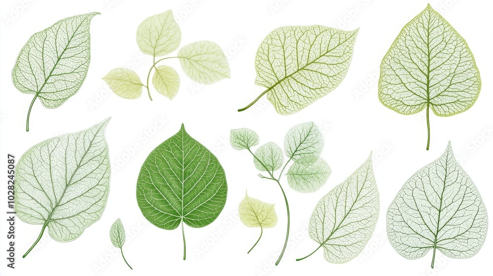 2408 62.A beautifully detailed set of flat green leaves, illustrated against a white background. The leaves feature intricate vein structures and varying shades of green, arranged in a way that 2408 62.A beautifully detailed set of flat green leaves, illustrated against a white background. The leaves feature intricate vein structures and varying shades of green, arranged in a way that