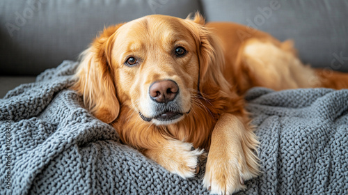 Golden Retriever lies comfortably on a cozy sofa, radiating warmth and contentment. The dog’s relaxed posture and friendly expression symbolize companionship, loyalty, and the simple joys of life