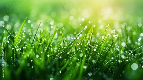 2408 105.Close-up of fresh spring grass, sparkling with morning dew under the soft light of dawn. The shallow focus highlights the delicate water droplets as they rest on the vibrant green blades,