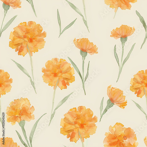 Delicate watercolor marigolds in soft orange and yellow tones, arranged on a pale background, minimalist and seamless