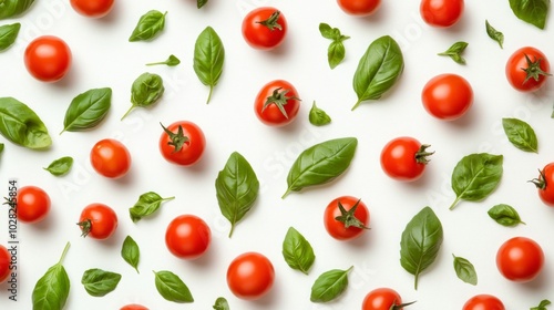 A Pattern of Red Tomatoes and Green Basil Leaves on a White Surface