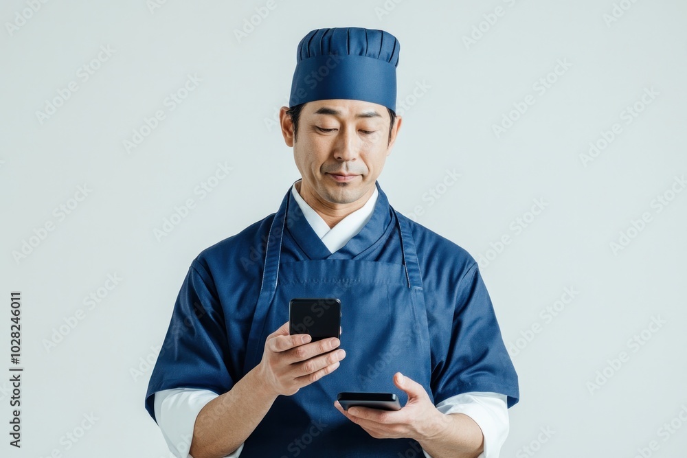 Japanese chef in restaurant uniform Using a smartphone with an expression that emphasizes expression standing on a white background Japanese chef in restaurant uniform Using a smartphone with an expression that emphasizes expression standing on a white background
