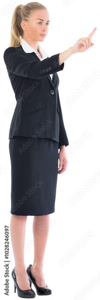 Digital png photo of focused caucasian businesswoman pointing with finger on transparent background Digital png photo of focused caucasian businesswoman pointing with finger on transparent background