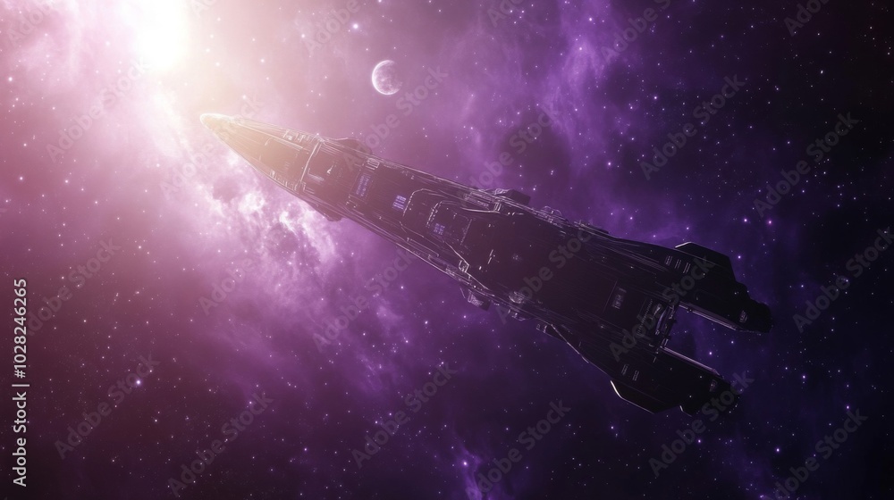 Fototapeta premium Spaceship in Cosmic Silhouette Against a Purple Nebula