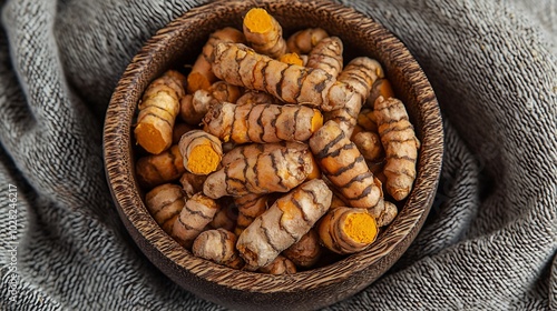 Fresh and dried turmeric roots in a wooden bowl Grey textile background Top view Copy space : Generative AI photo