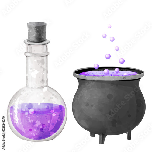 Set of witch elements for Halloween design.Vector watercolor illustration