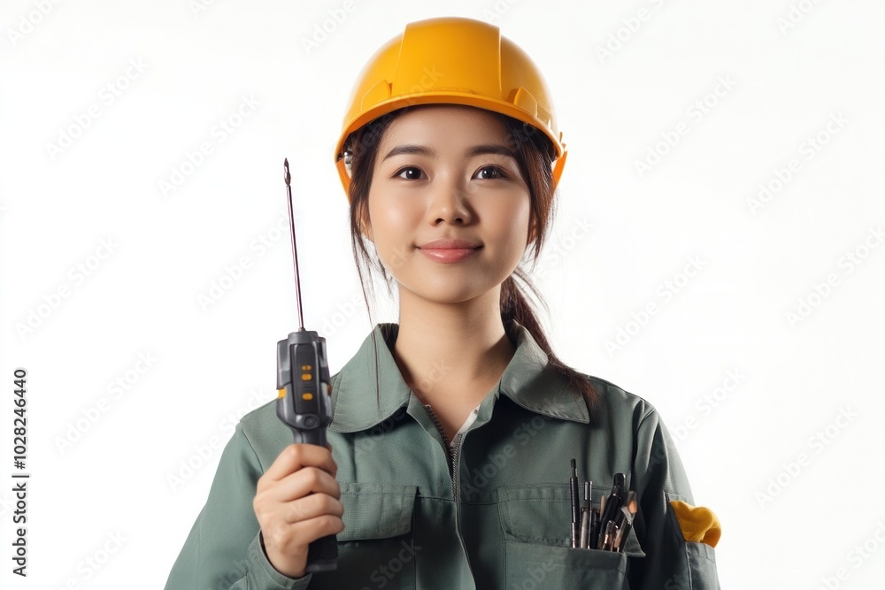 Image of an Asian female engineer worker wearing work clothes and a hard hat. Hold a power screwdriver confidently The white background emphasizes her professionalism. Image of an Asian female engineer worker wearing work clothes and a hard hat. Hold a power screwdriver confidently The white background emphasizes her professionalism.