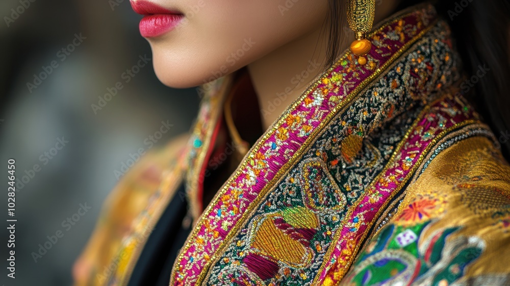 Obraz premium A close-up of an Asian woman wearing ceremonial attire, her clothing embroidered with gold thread and intricate patterns, the vibrant colors and designs reflecting a sacred tradition