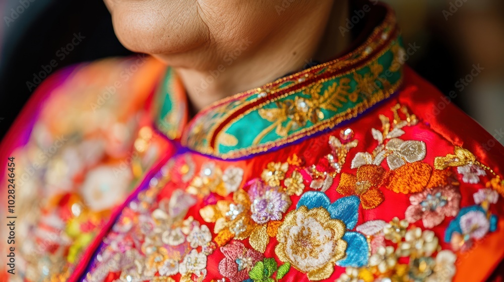 A close-up of an Asian woman wearing ceremonial attire, her clothing ...