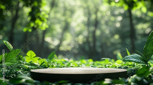 2408 29.A 3D podium standing on a natural forest floor, with green leaves and plants surrounding the base. The blurred background reveals a dense forest, bathed in warm, natural light. The setting photo