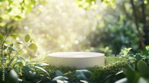 2408 29.A 3D podium standing on a natural forest floor, with green leaves and plants surrounding the base. The blurred background reveals a dense forest, bathed in warm, natural light. The setting photo