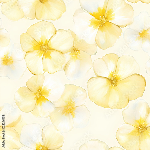 Delicate watercolor primroses in soft yellow and white, arranged gently on a light background, seamless design