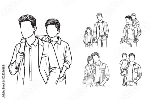 Line Art Happy Love Child Intimate With Father Art Black and White Illustration Hand Drawn Clipart