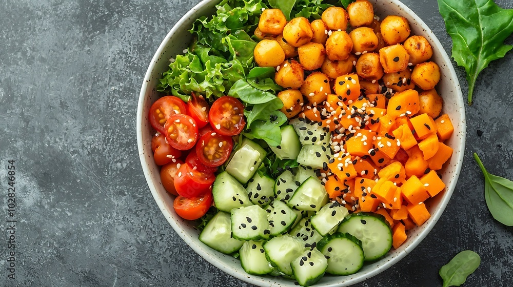 Healthy vegetarian salad Buddha bowl Grey background Top view : Generative AI Healthy vegetarian salad Buddha bowl Grey background Top view : Generative AI