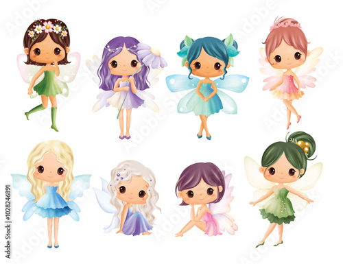 Watercolor Illustration Set of Cute Fairies