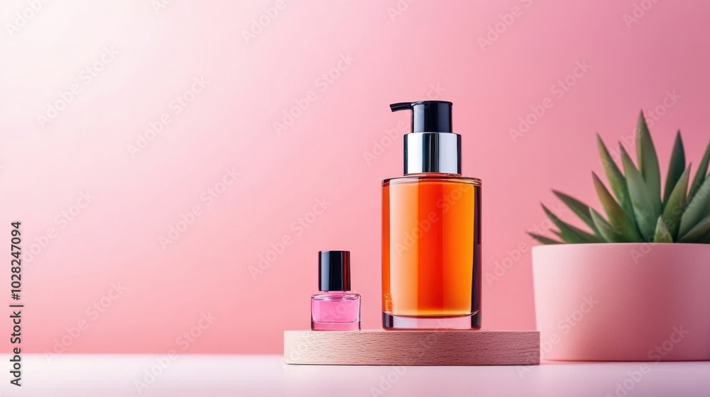 Elegant Cosmetic Bottles on Soft Pink Background Elegant Cosmetic Bottles on Soft Pink Background
