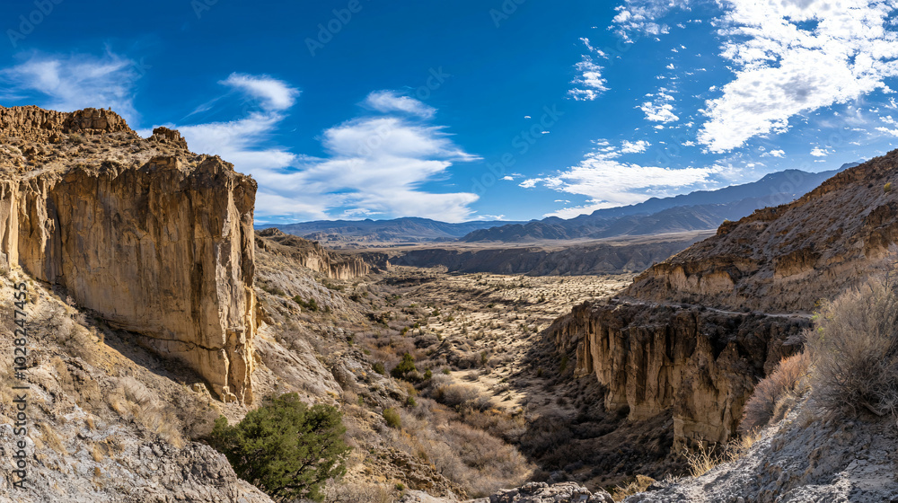 Fototapeta premium A panoramic view of a desert valley filled with dramatic cliffs.