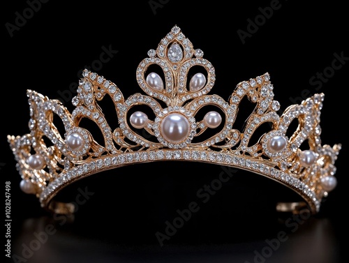 A regal golden crown adorned with diamonds and delicate pearls, designed with elegance and grace for a queen