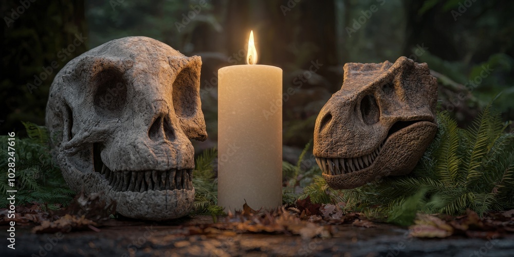 Obraz premium Dinosaur Skulls and Candle in a Forest Setting Prehistoric Mysticism