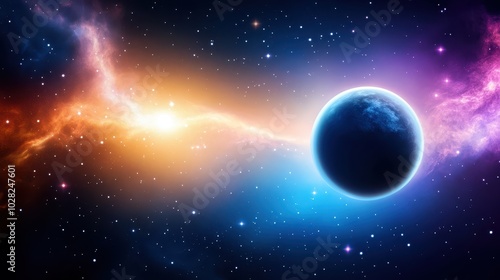 Fototapeta Naklejka Na Ścianę i Meble -  Galaxy background with a distant planet in view, surrounded by stars and glowing nebulae.