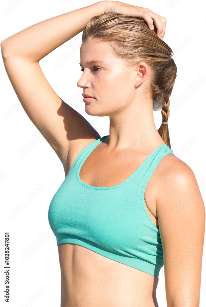 Digital png photo of caucasian sportswoman holding head on transparent background Digital png photo of caucasian sportswoman holding head on transparent background