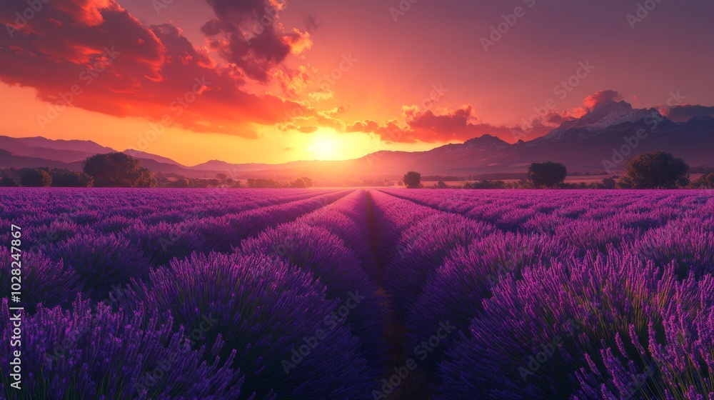2408 45.A stunning sunset over the lavender fields of Valensole, where the vibrant purple blooms stretch as far as the eye can see. The setting sun paints the sky in deep pinks and oranges, casting a 2408 45.A stunning sunset over the lavender fields of Valensole, where the vibrant purple blooms stretch as far as the eye can see. The setting sun paints the sky in deep pinks and oranges, casting a