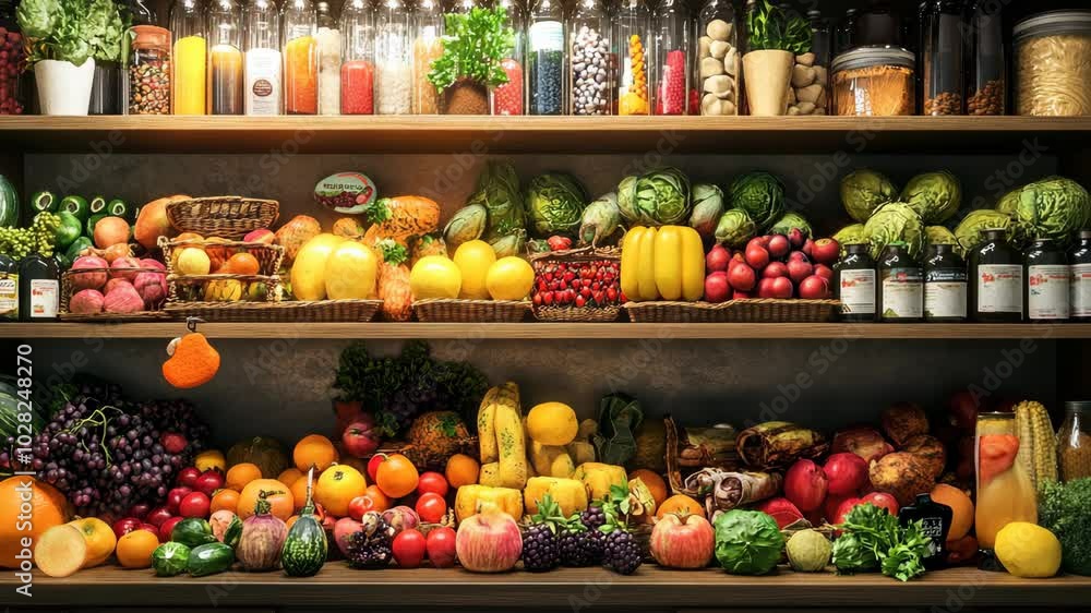 A well-stocked pantry with various fruits, vegetables, and spices on the shelves A well-stocked pantry with various fruits, vegetables, and spices on the shelves