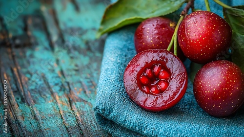 Tamarillo fruits with slice on blue napkin Outdoor background : Generative AI photo