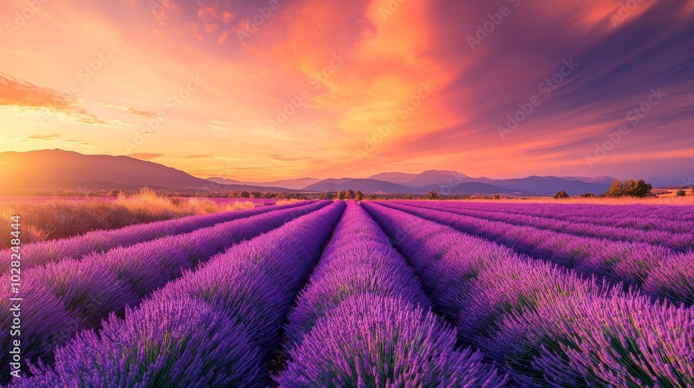 2408 44.A wide-angle view of a blooming lavender field in Provence at sunset, with rows of purple flowers glowing in the last rays of sunlight. The sky is a mix of warm oranges, pinks, and purples, 2408 44.A wide-angle view of a blooming lavender field in Provence at sunset, with rows of purple flowers glowing in the last rays of sunlight. The sky is a mix of warm oranges, pinks, and purples,