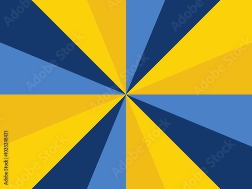 A modern and geometric abstract background with a radiating pattern of yellow, blue, and dark blue triangles.