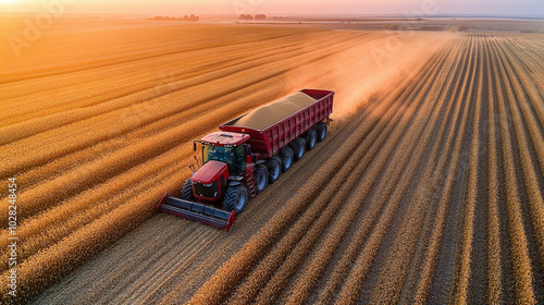 farmer pours harvested soybeans into a large tractor trailer, symbolizing abundance, agricultural cycles, and the connection between human effort and nature's bounty during harvest season