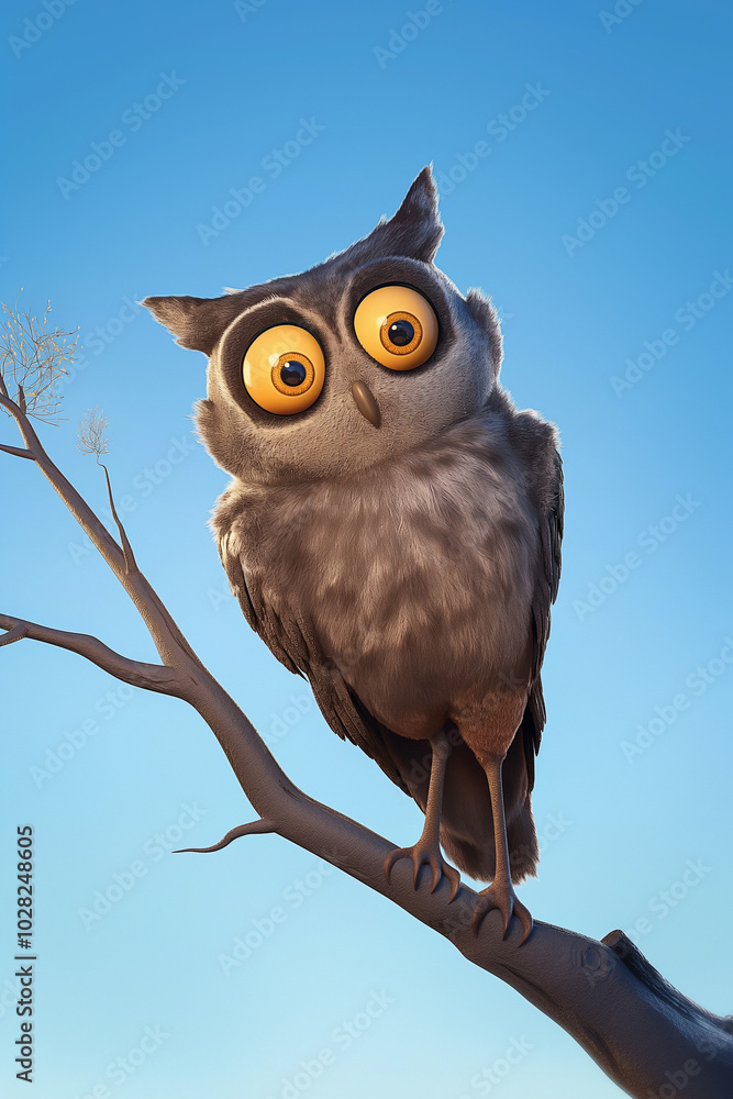 Obraz premium Animated owl with large eyes perched on bare branch