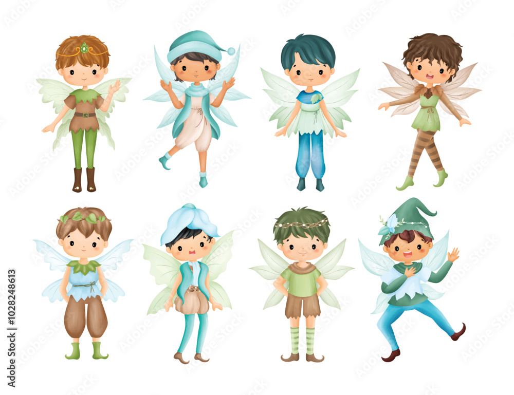 Watercolor Illustration Set of Cute Fairies Watercolor Illustration Set of Cute Fairies