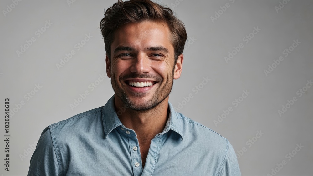 Portrait happy laughing smiling man in front empty blank wall background in stylish casual attire Portrait happy laughing smiling man in front empty blank wall background in stylish casual attire