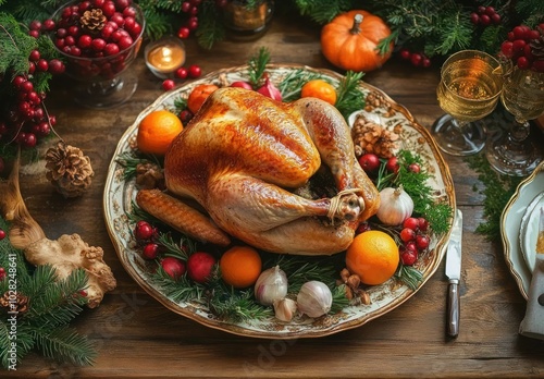 Christmas Family Feast: Decorated Turkey with Vegetables and Kitchen Utensils on Wooden Table. Top View Flat Lay for Restaurant Menu or Advertising Banner. High-Resolution Photo by Nikon D850.