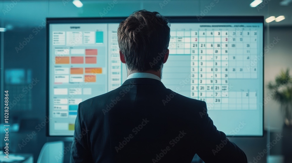 Businessman in a suit standing in front of a large screen displaying charts and a calendar. Businessman in a suit standing in front of a large screen displaying charts and a calendar.