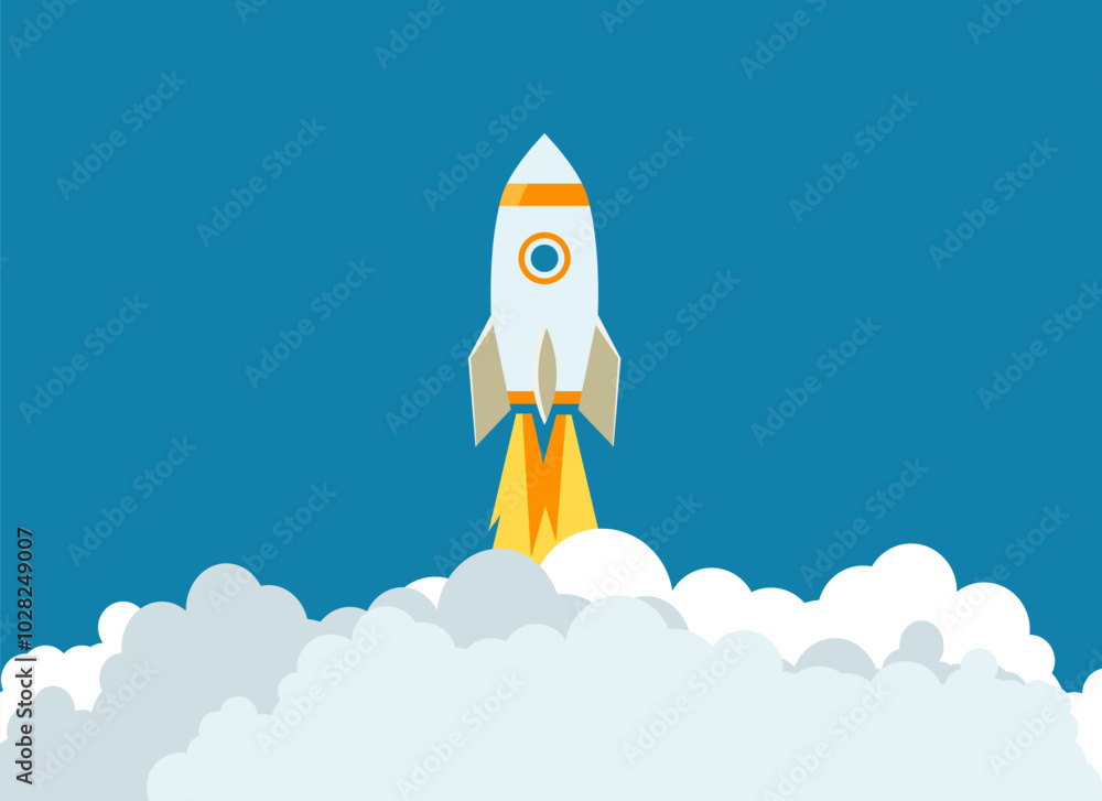 Fototapeta premium a launching rocket with smoke and fire. vector graphic