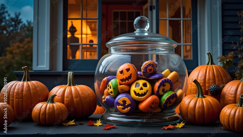 Obraz premium Halloween Pumpkins and Jack O Lantern Treats in Glass Jar