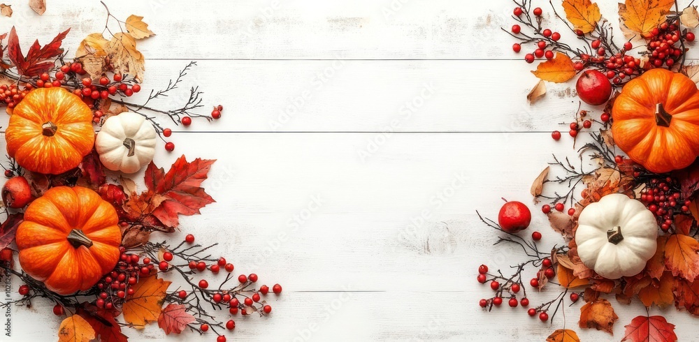Fall Harvest Banner with Pumpkins, Leaves, and Berries for Halloween Card Template Fall Harvest Banner with Pumpkins, Leaves, and Berries for Halloween Card Template