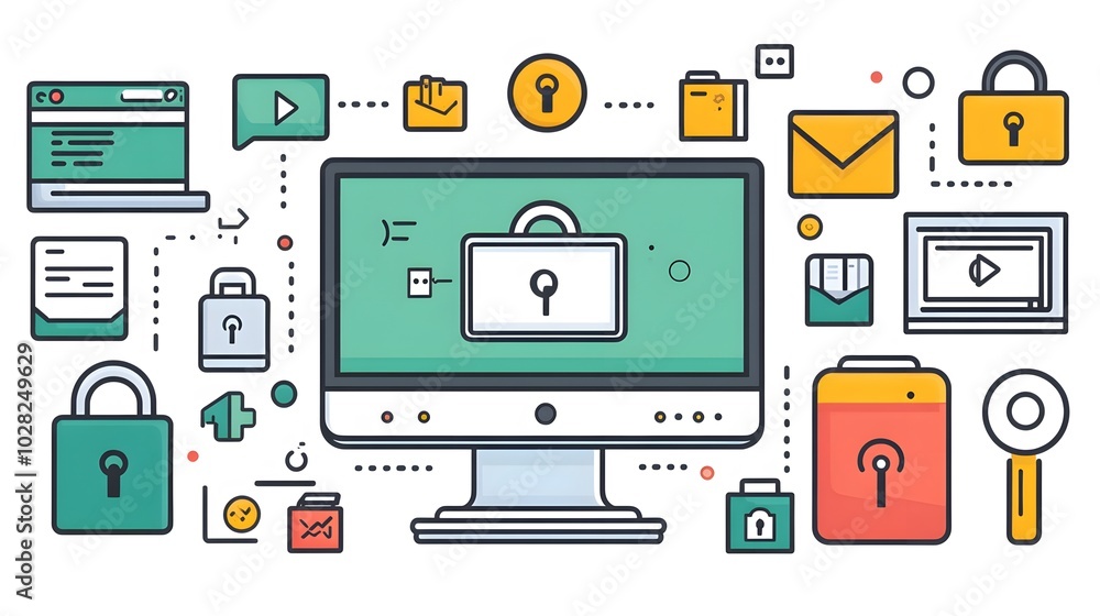 A data protection concept showcasing a computer surrounded by digital locks and encryption keys