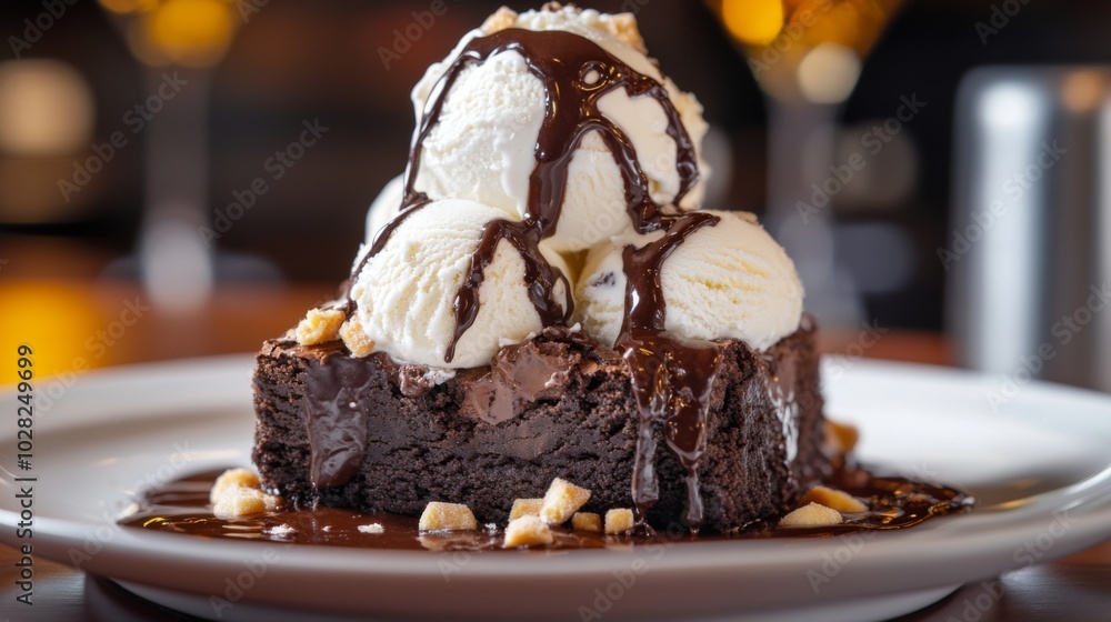 A brownie topped with three scoops of ice cream and drizzled with chocolate sauce. A brownie topped with three scoops of ice cream and drizzled with chocolate sauce.