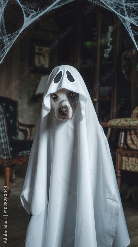 Medium-Sized Dog Wearing Ghost Sheet Costume for Halloween Festivities Medium-Sized Dog Wearing Ghost Sheet Costume for Halloween Festivities