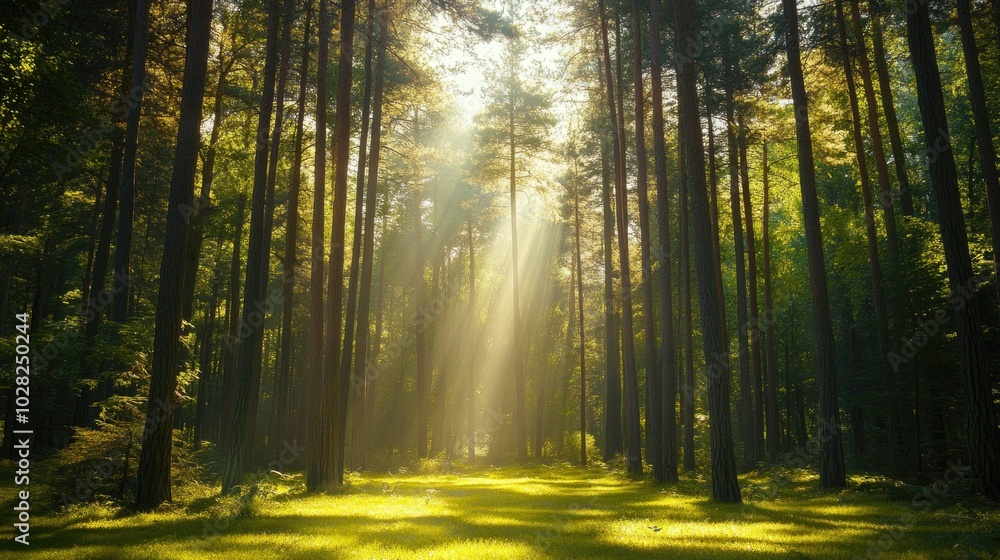 Fototapeta premium Beautiful sunbeams streaming through a dense forest of tall trees, casting light on the forest floor and creating a tranquil atmosphere