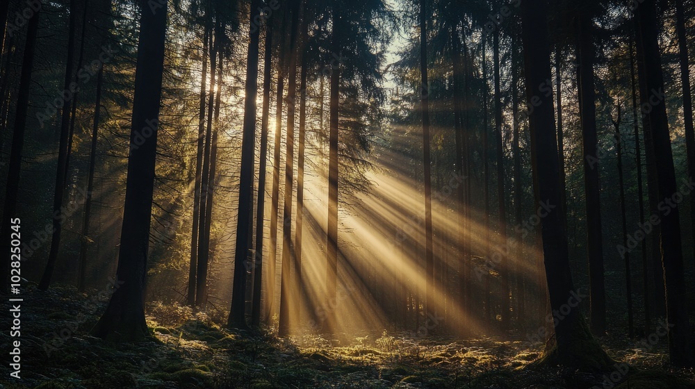 Obraz premium Beautiful sunbeams streaming through a dense forest of tall trees, casting light on the forest floor and creating a tranquil atmosphere