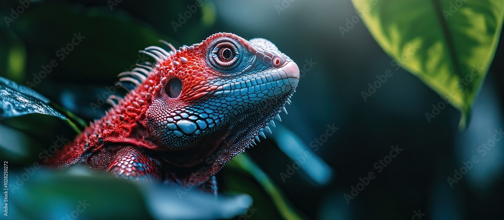 Red and Blue Iguana Portrait in Lush Greenery Red and Blue Iguana Portrait in Lush Greenery