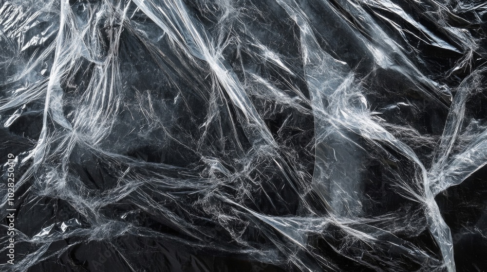 Obraz premium Transparent Plastic Wrap Crinkled and Draped on Black Background
