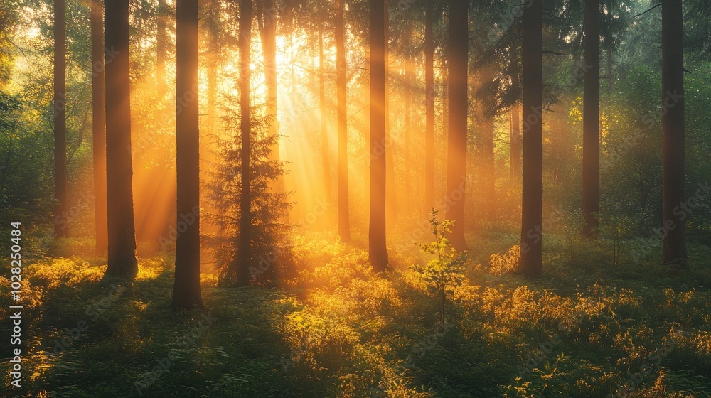 Soft golden sunbeams streaming through a forest of tall trees, creating a peaceful and tranquil atmosphere in nature Soft golden sunbeams streaming through a forest of tall trees, creating a peaceful and tranquil atmosphere in nature