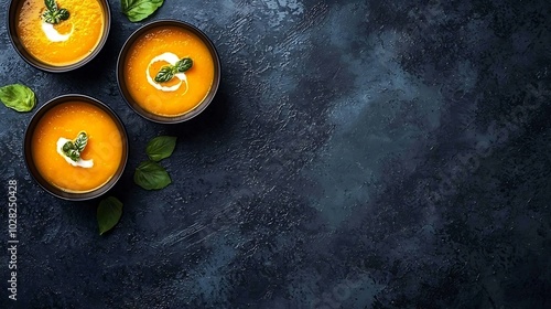 Pumpkin soup with cream in black bowl on dark grey background Top view : Generative AI photo