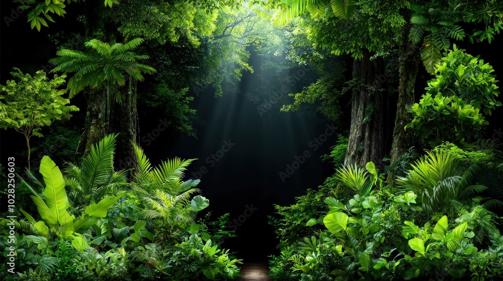 Fototapeta premium Mystical Rainforest Path with Light Beams and Lush Foliage