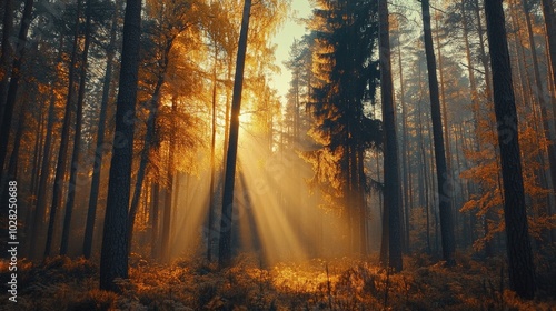 Sunlight filtering through a beautiful forest of tall trees, casting soft golden beams of light and creating a peaceful atmosphere